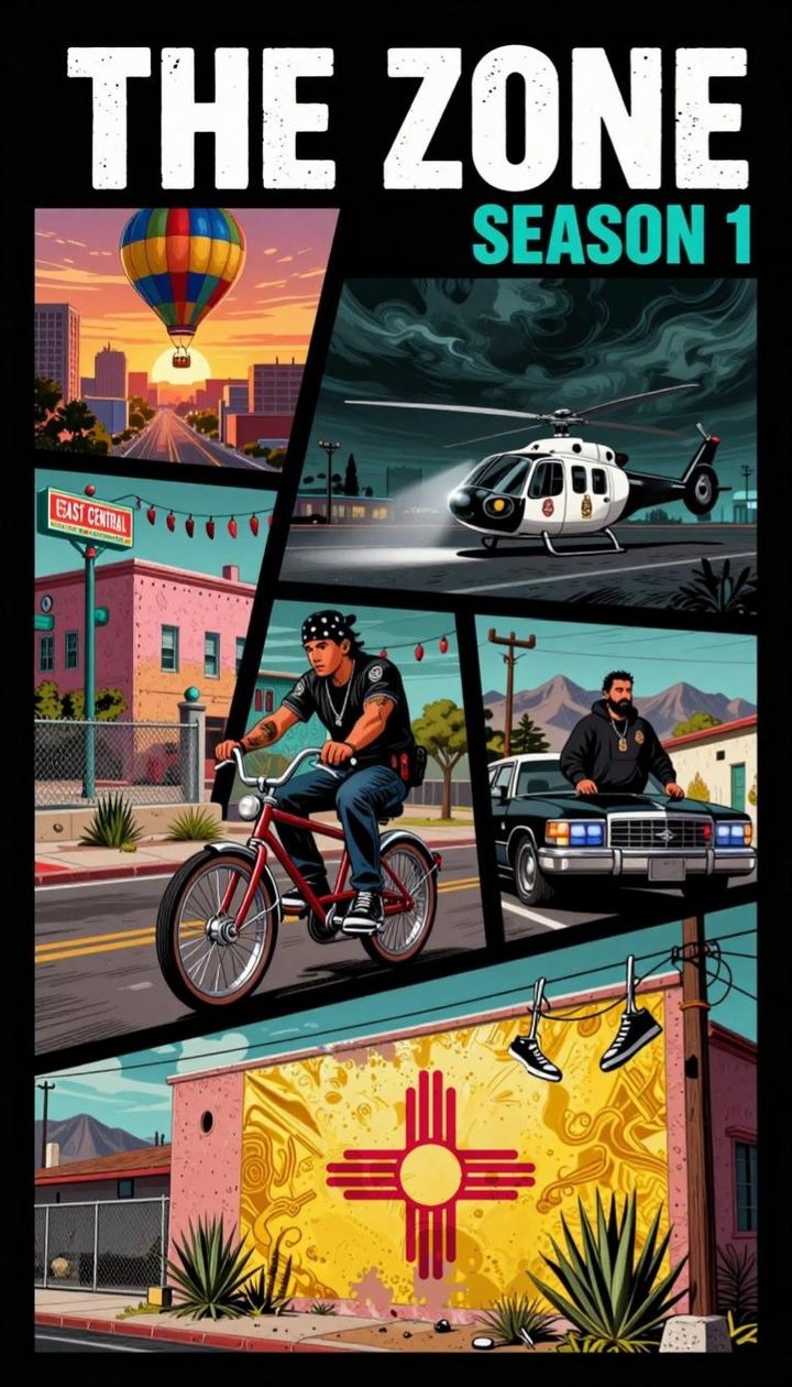 The Zone, Season 1 key art in comic panels: a hot air balloon over Central at sunset, a police helicopter under a storm sky, a bike rider on East Central, an undercover officer on a black Cadillac, and a Zia mural.